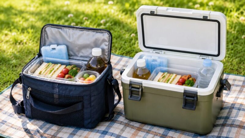 弁当箱、水筒、保冷剤を入れたソフト保冷バッグと小型ハードクーラーを並べて比較した様子。