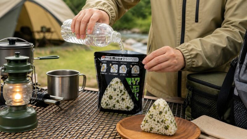 キャンプ場で携帯おにぎりに水を注いで準備している様子