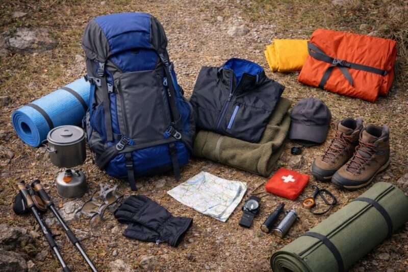 登山に必要な装備をまとめて並べ、準備のイメージが伝わる写真