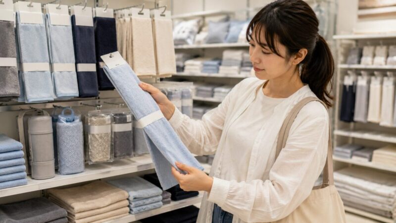 生活雑貨店で薄手のロングタオルや冷感用品を比較して選ぶ女性