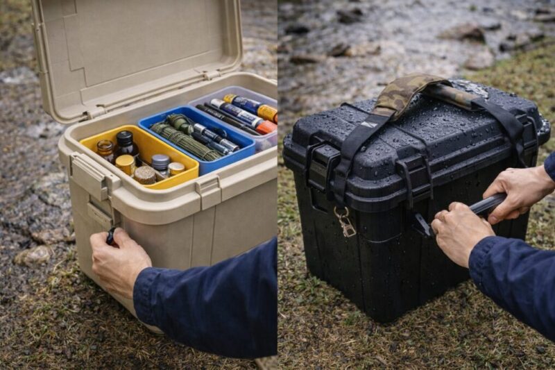 小物ケースと厚手の収納バッグに同じ道具を入れ、持ち運びやすさを比べているイメージ