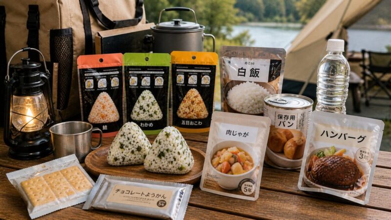 非常食おにぎりと保存食パンやレトルト食品をキャンプ場で比較している様子