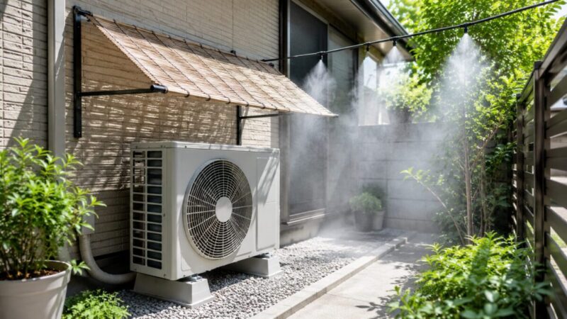 室外機の近くで日よけとミストを使い、周辺の暑さをやわらげている様子