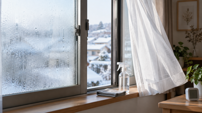 結露した窓を開けて換気しながら室内環境を見直している様子