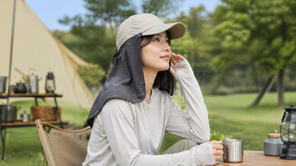 キャップに後付けの日除けを装着してキャンプ場で首元を守る様子