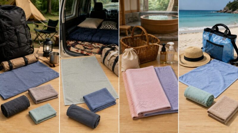 キャンプ、車中泊、温泉、海水浴の用途に合わせて速乾タオルのサイズを使い分ける様子