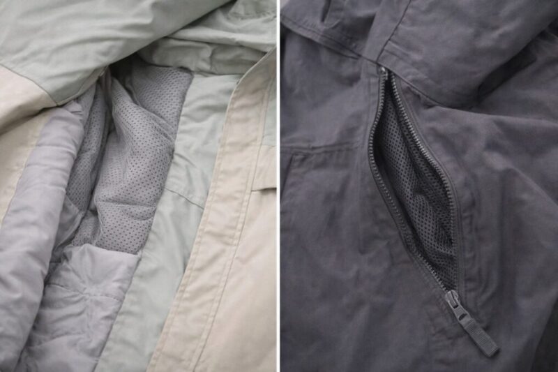 内側の素材感と換気用ファスナーを見比べて仕様の違いを確認するイメージ