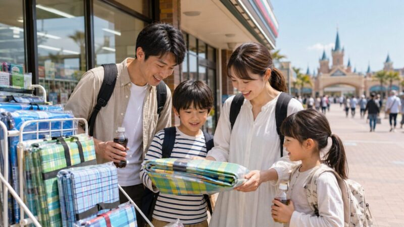パークへ向かう前にコンビニ前でレジャーシートを確認する家族の様子