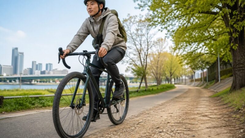 河川敷の道を安定して走る太めの自転車タイヤのイメージ。