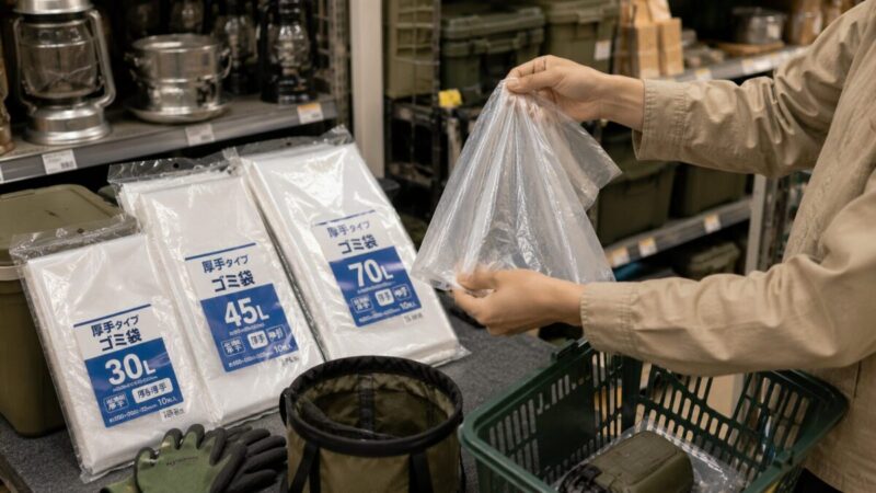 ホームセンターの売り場で、厚手のゴミ袋を手に取って素材感を確かめている様子