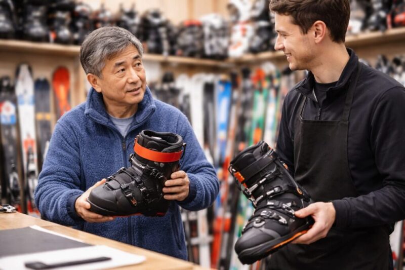 スキーブーツの熱成型を専門店で相談しているフィッティング風景
