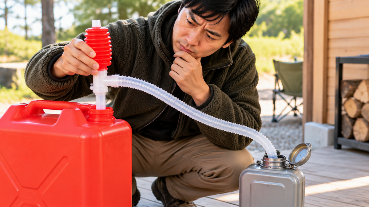 赤いポリタンクの灯油ポンプが吸い上げない原因を確認する男性