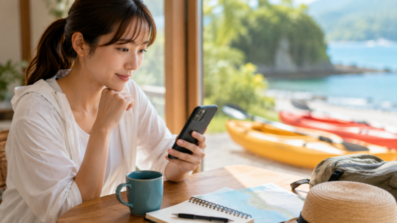 海辺のアクティビティを申し込みスマートフォンで予約状況を確認する旅行者