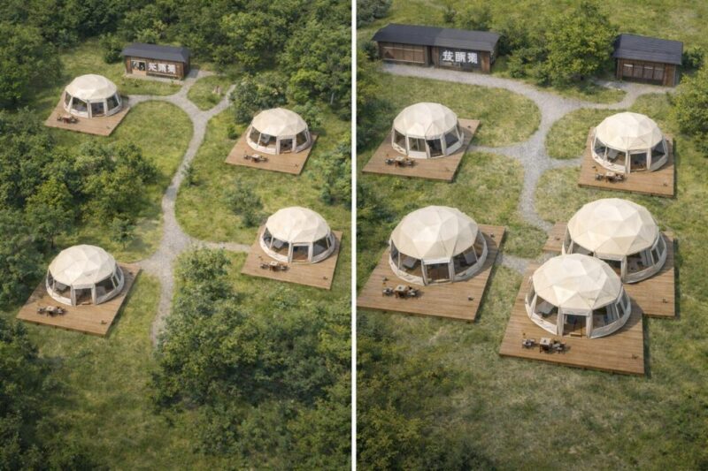 隣サイトとの距離による快適性の違いを示すグランピング配置イメージ