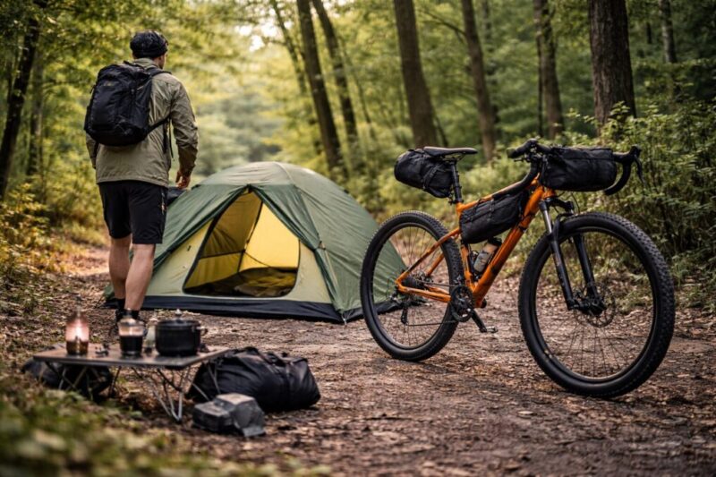 MTBでキャンプツーリングを楽しむ林間サイトのイメージ