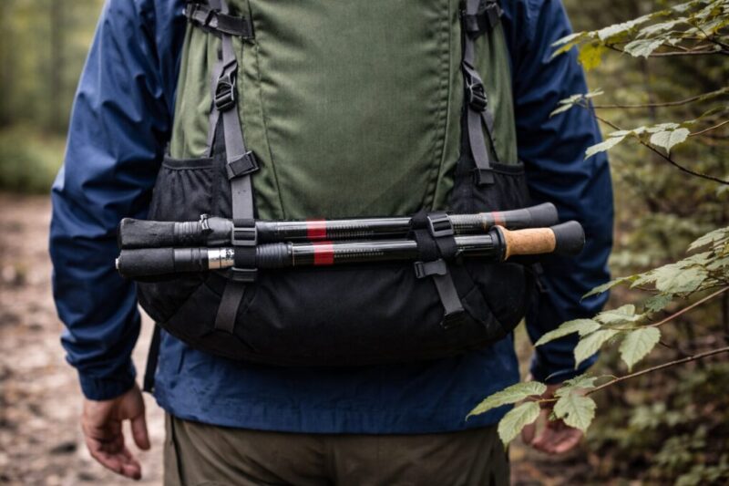 ザック背面に横固定したトレッキングポールで、枝への引っかかりを減らしているイメージ