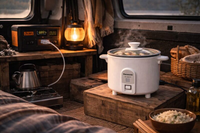 車中泊仕様の車内で、小型炊飯器を中心に電源や調理道具を無理なく配置した使いやすいレイアウトのイメージ