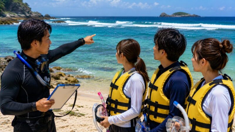 白波が立つ海を確認しながら、インストラクターから海況と安全な行動について説明を受けるシュノーケリング参加者