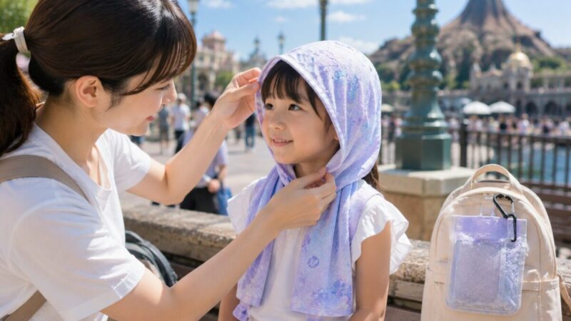 子どものフード付き冷感タオルの視界と首元を確認する保護者