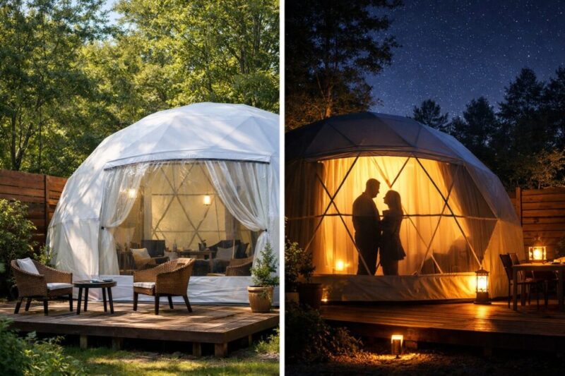 ドーム型グランピングの昼と夜の見え方を正面比較したイメージ