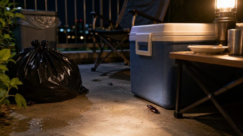 夏の夜、ランタンで照らされたベランダにクーラーボックスやゴミ袋、食器が置かれている様子