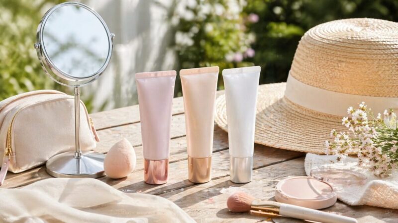 外出前に日焼け止め下地とメイク道具をそろえて準備するイメージ