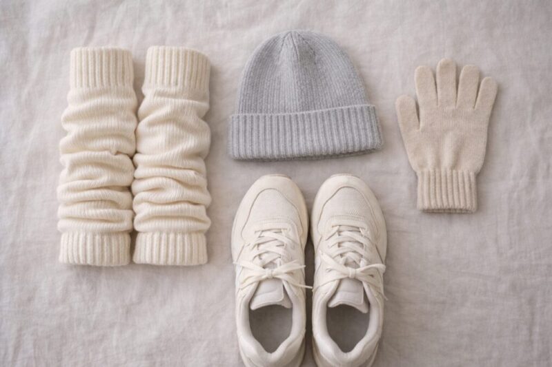 白と生成りとグレーで揃えた冬の足元小物の配色イメージ