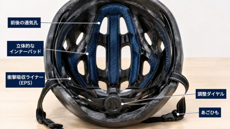 通気孔と立体インナーパッド、後頭部ダイヤルを備えた自転車ヘルメットの内側