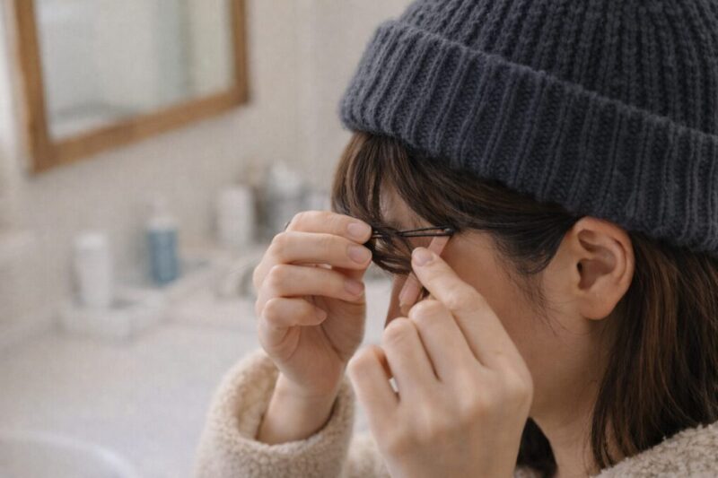 鏡の前で前髪をピンで留め、ニット帽の下準備をしている手元のイメージ写真