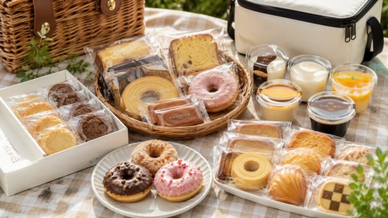 チェック柄のクロスの上に、個包装のクッキーやバウムクーヘン、ドーナツ、プリン、ゼリーを並べた市販スイーツのピクニックセット。