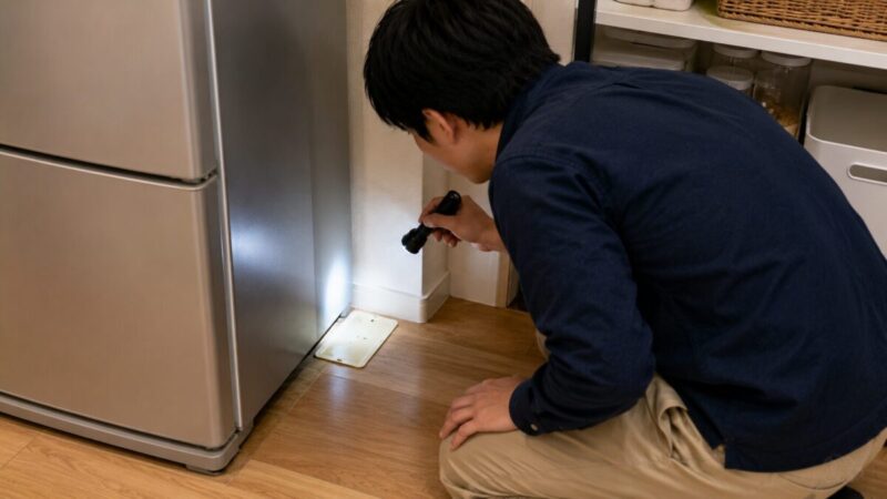 冷蔵庫横の床に置いた粘着トラップを懐中電灯で確認している男性