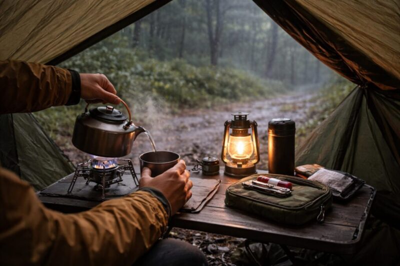 タープ内で雨を避けつつ温かい飲み物を作るおこもりスタイルの様子