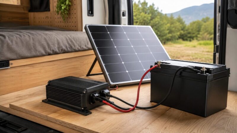 ソーラー入力対応の走行充電器とサブバッテリーを組み合わせた車中泊電源のイメージ