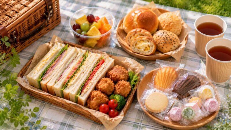 サンドイッチと唐揚げにパン、カットフルーツ、個包装の焼き菓子を添えたピクニックランチ