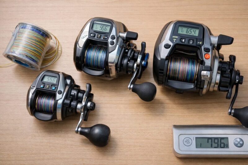 電動リールのサイズやライン容量を比較しながら初心者向けの選び方を考えるイメージ