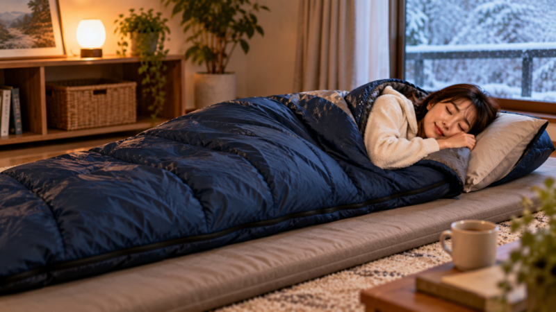 冬の自宅でマットの上に寝袋を敷いて眠る様子