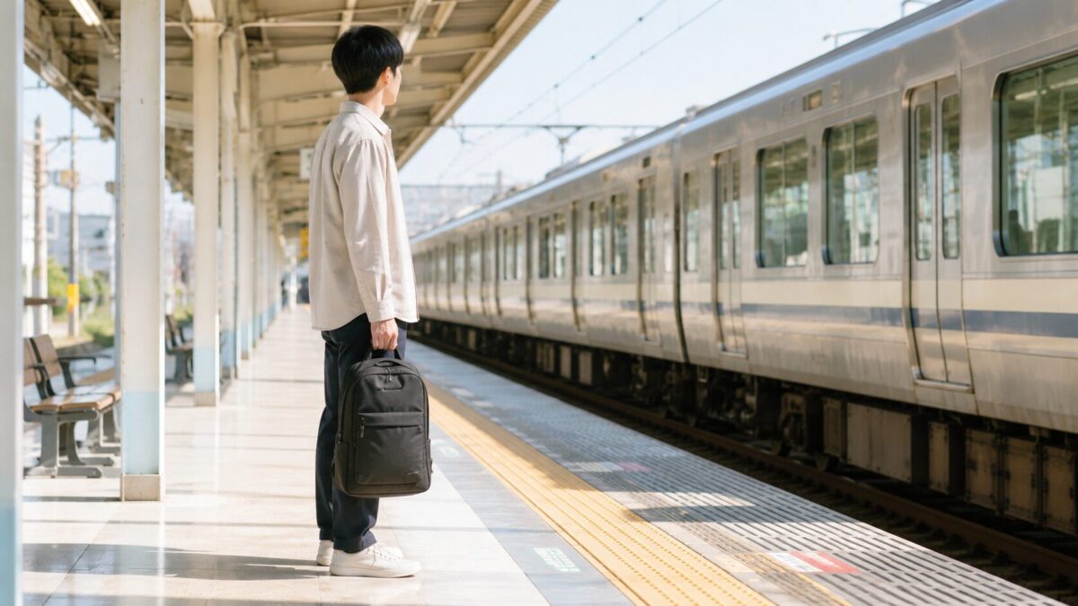 電車移動で使いやすい薄型リュックを持って駅ホームに立つ人物