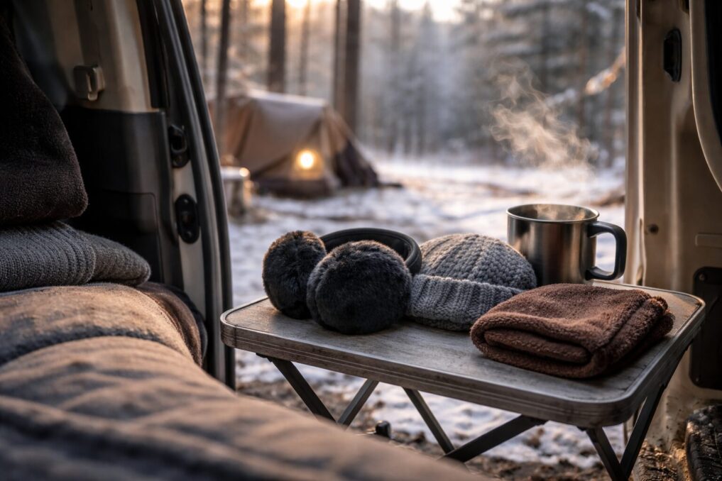 冬の車中泊で耳当てや帽子を組み合わせて防寒するイメージ