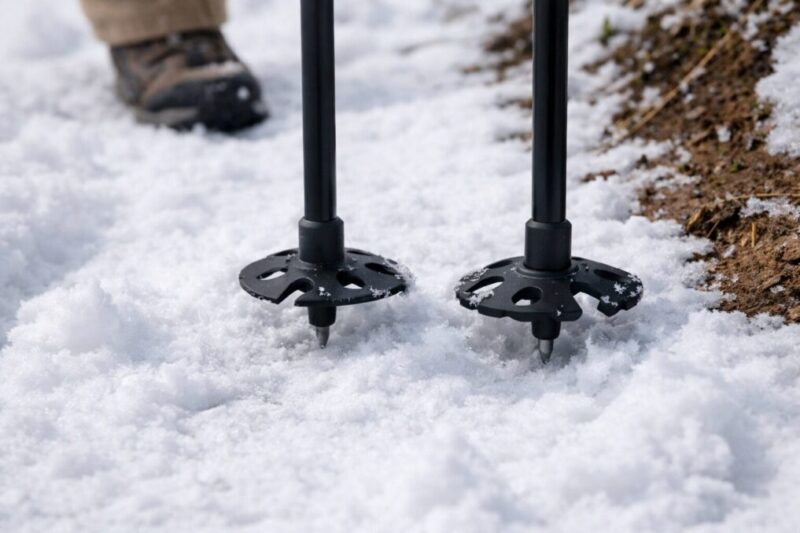 雪道でスノーバスケット付きトレッキングポールが沈み込みを防ぐ様子
