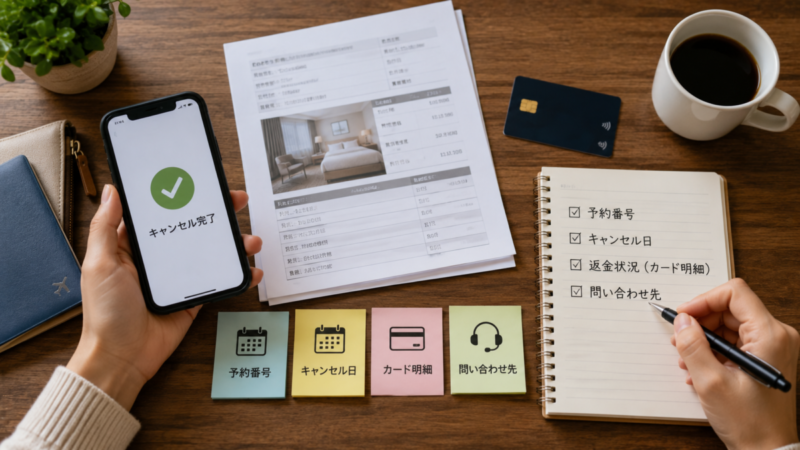 旅行予約の返金問い合わせ前に予約番号やキャンセル日、カード明細を確認する様子