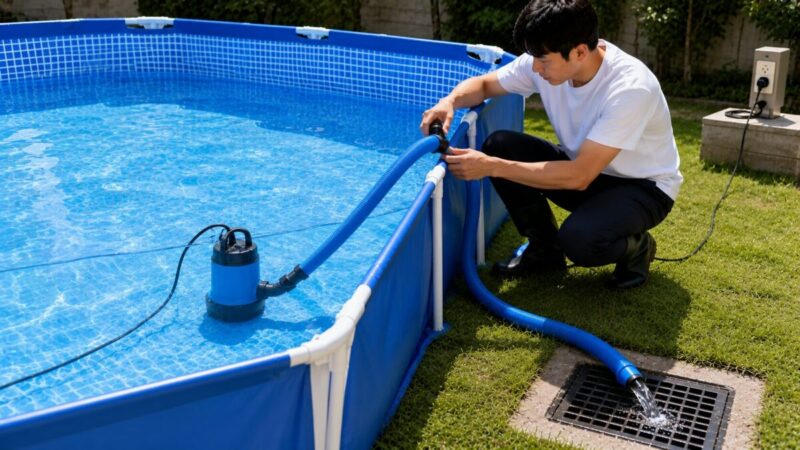 大型家庭用プールの水を水中ポンプと排水ホースで抜く様子