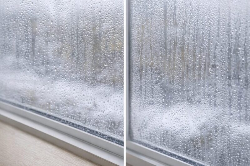同じ窓でも水滴の付き方に差があり、結露対策の効き方や条件差を比較しているイメージ