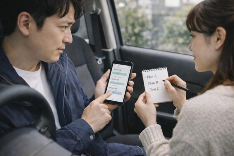 外出前に車内で予定を相談しながら、体調に合わせた行動を決めている様子のイメージ