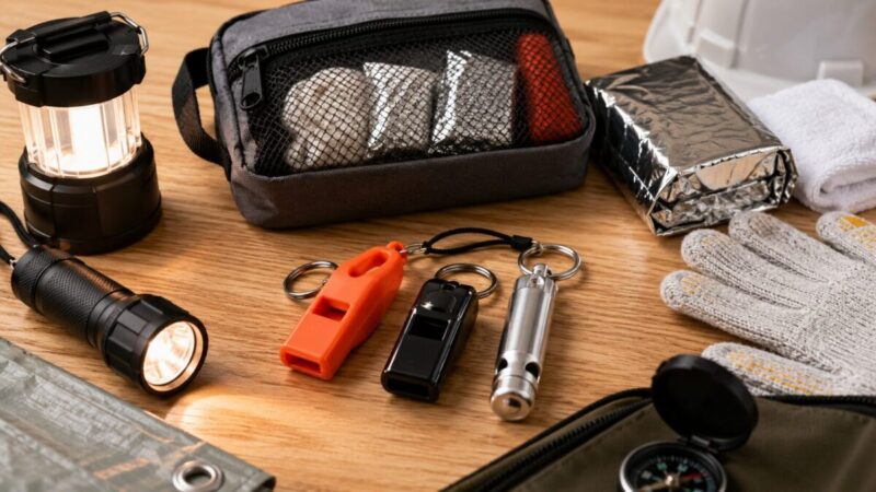 非常持ち出し袋に入れる防災用ホイッスルとミニライトなどの小物。