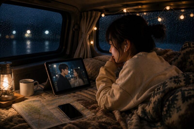 雨の車中泊で、旅程を確認しながらタブレットの韓国ドラマを楽しむ女性