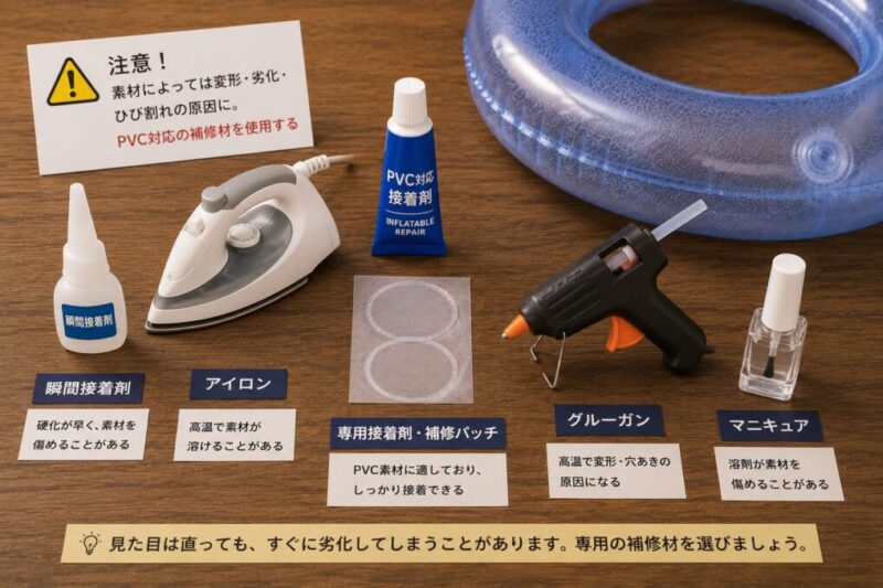 浮き輪の補修に使う透明パッチと接着剤、アイロンやグルーガンなどの代用品を並べて比較している様子。