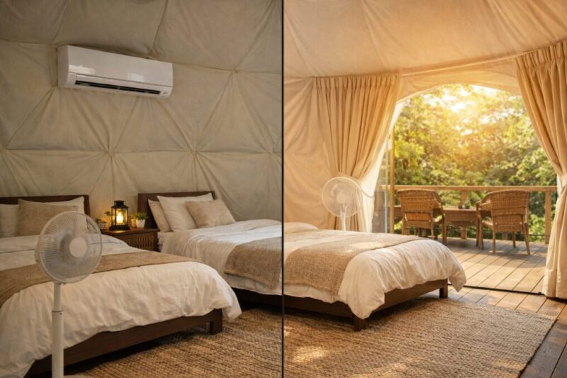 空調設備の有無が快適性を左右するグランピングテントの室内イメージ