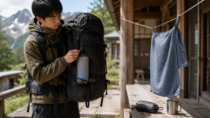 バックパックに収納袋入りの速乾タオルを固定し、吊り下げループを使って乾かす旅行者