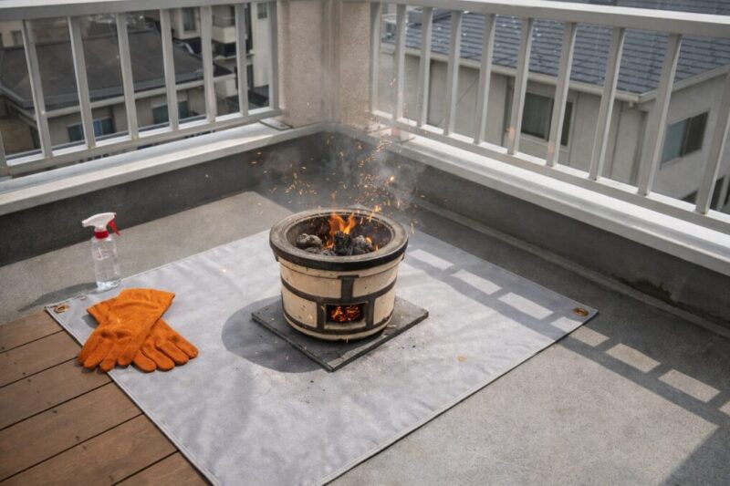 2階ベランダで安全対策をしながら七輪を使う配置例