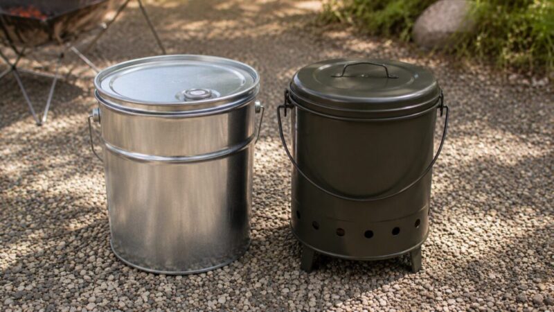金属製ペール缶と脚付き火消し壺を並べたキャンプ用炭処理容器の比較イメージ